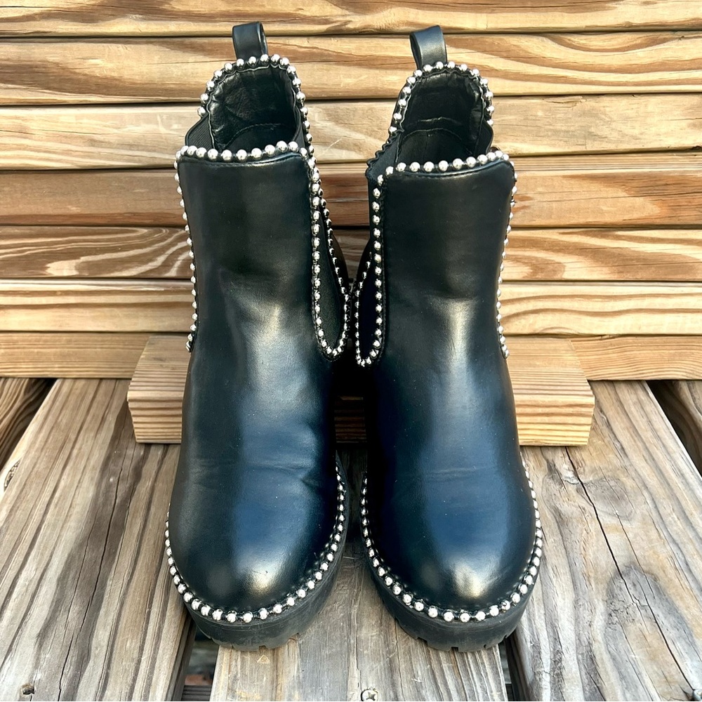 Black Leather Silver Bead Adorned Moto Boots SZ 7! E/VGUC! - Picture 4 of 16